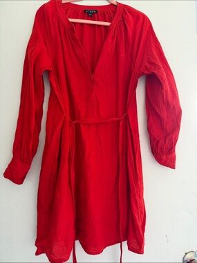 J. Crew Red Long-Sleeve Tie-Waist Linen Tunic Dress